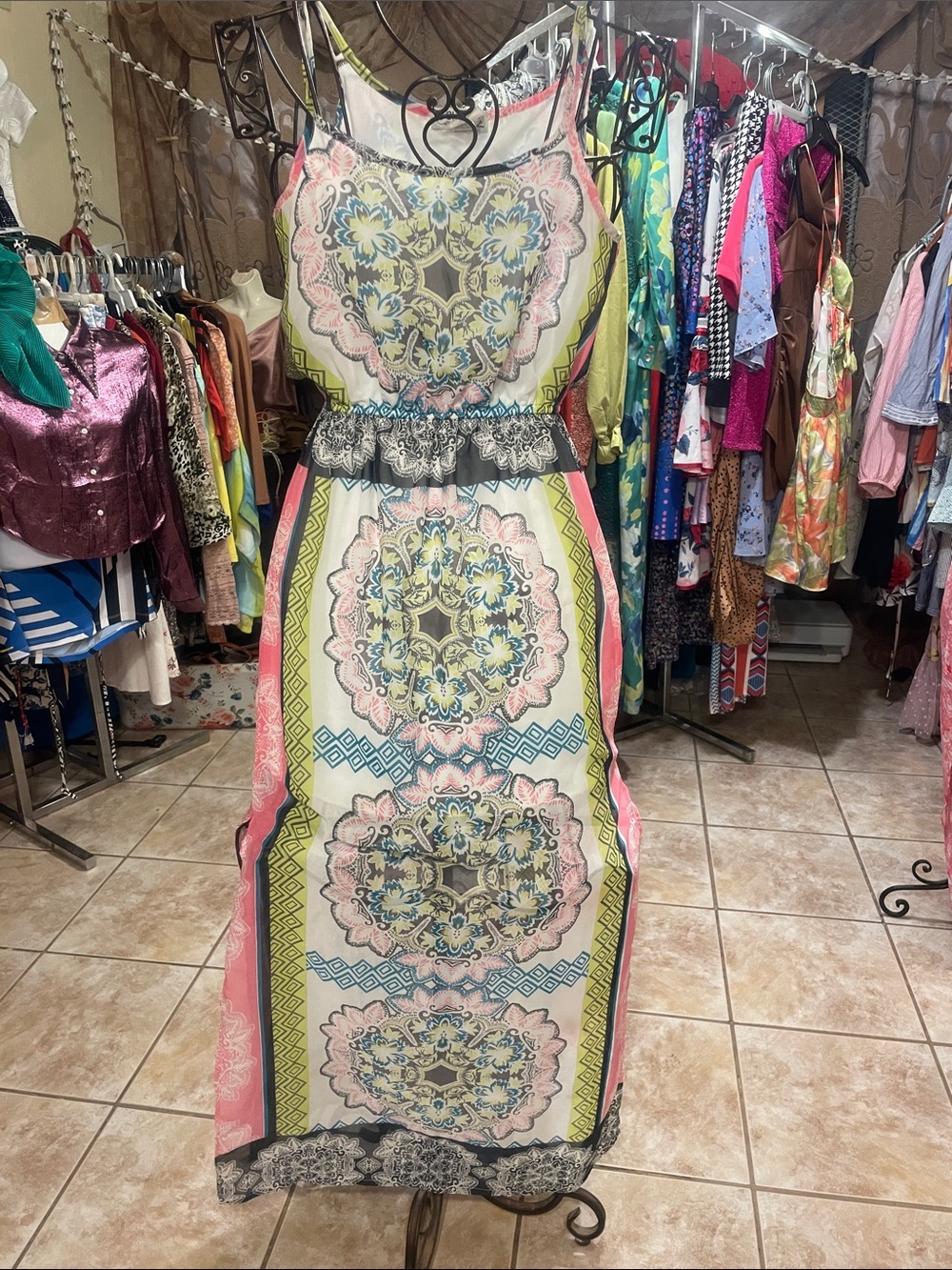 Boho Medallion Print Maxi Dress in Pink, Cream and Blue